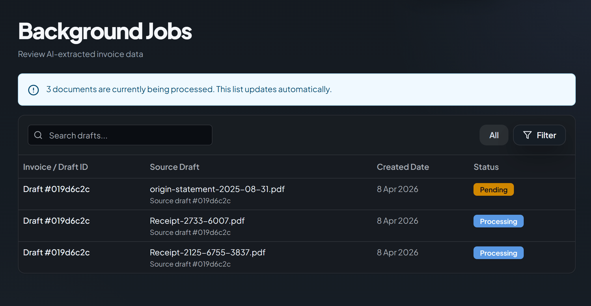 Background jobs panel showing processing states and execution progress.