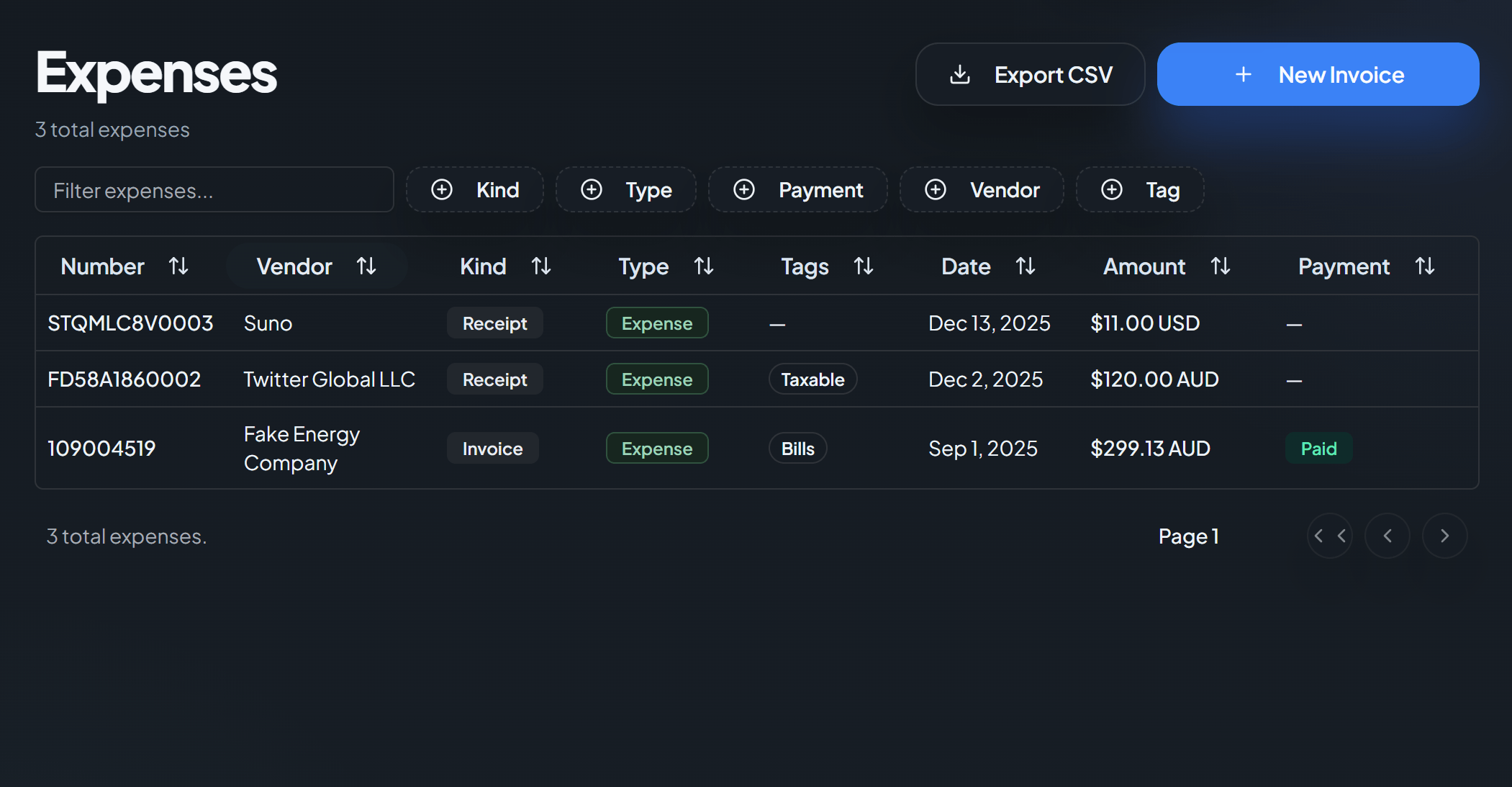 Expense list table with status chips, totals, and filters.