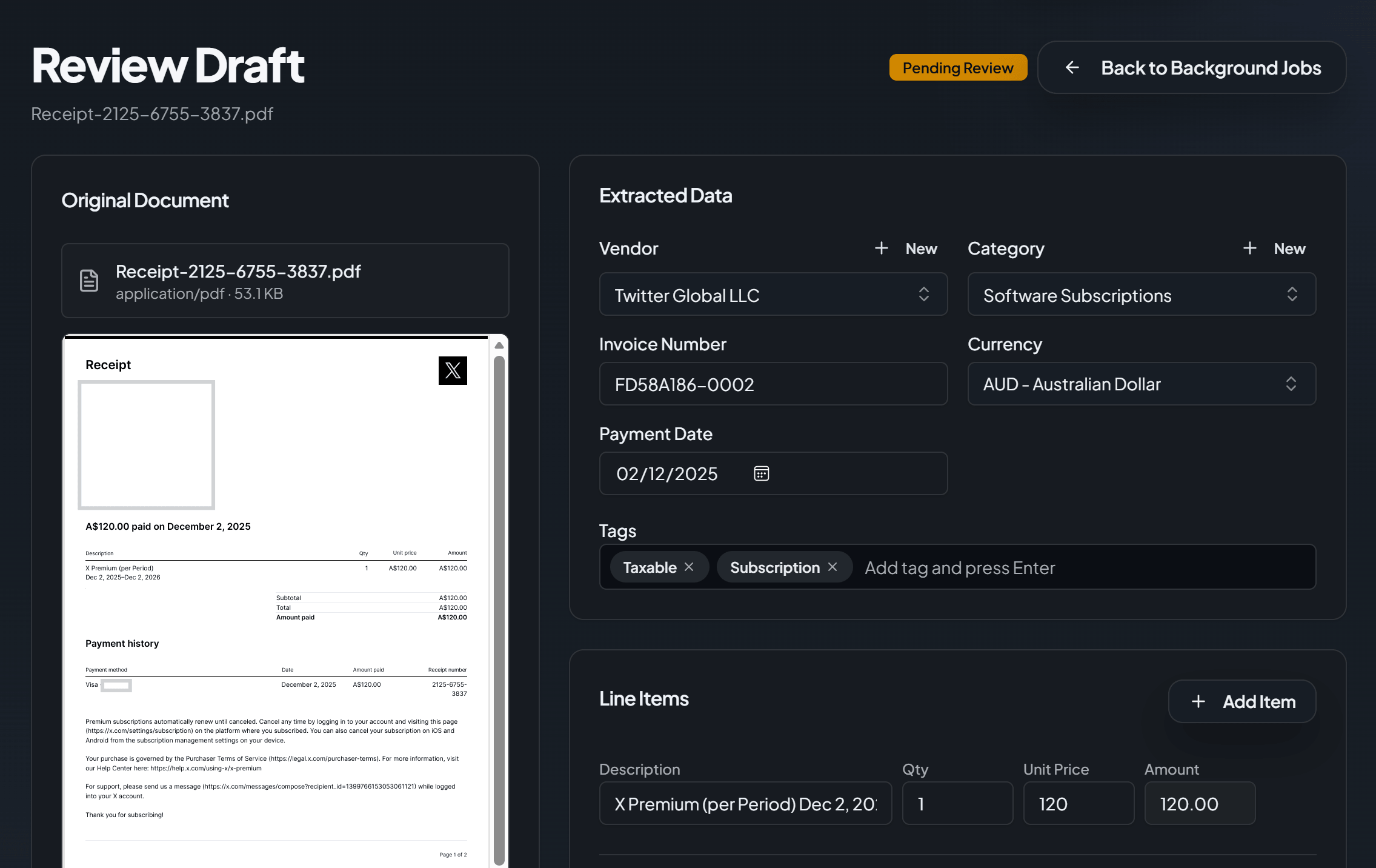 Invoice review workspace showing extracted fields and document details.
